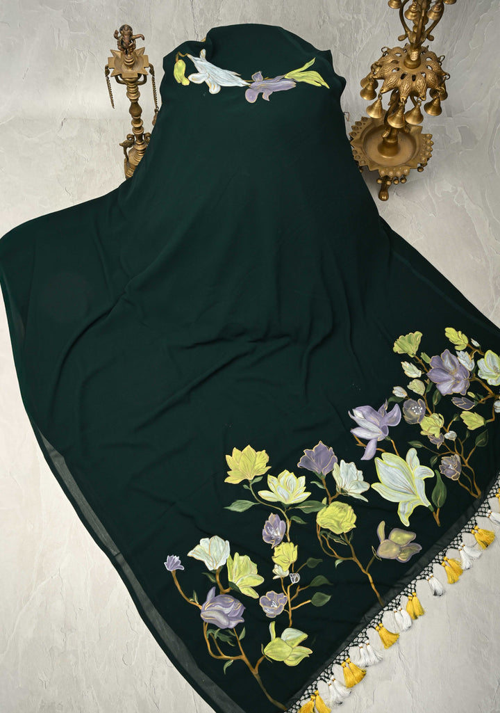 Bottle Green Georgette Saree with Floral Blooming Hand Painted on Pallu, No Blouse Piece | SHOBITAM