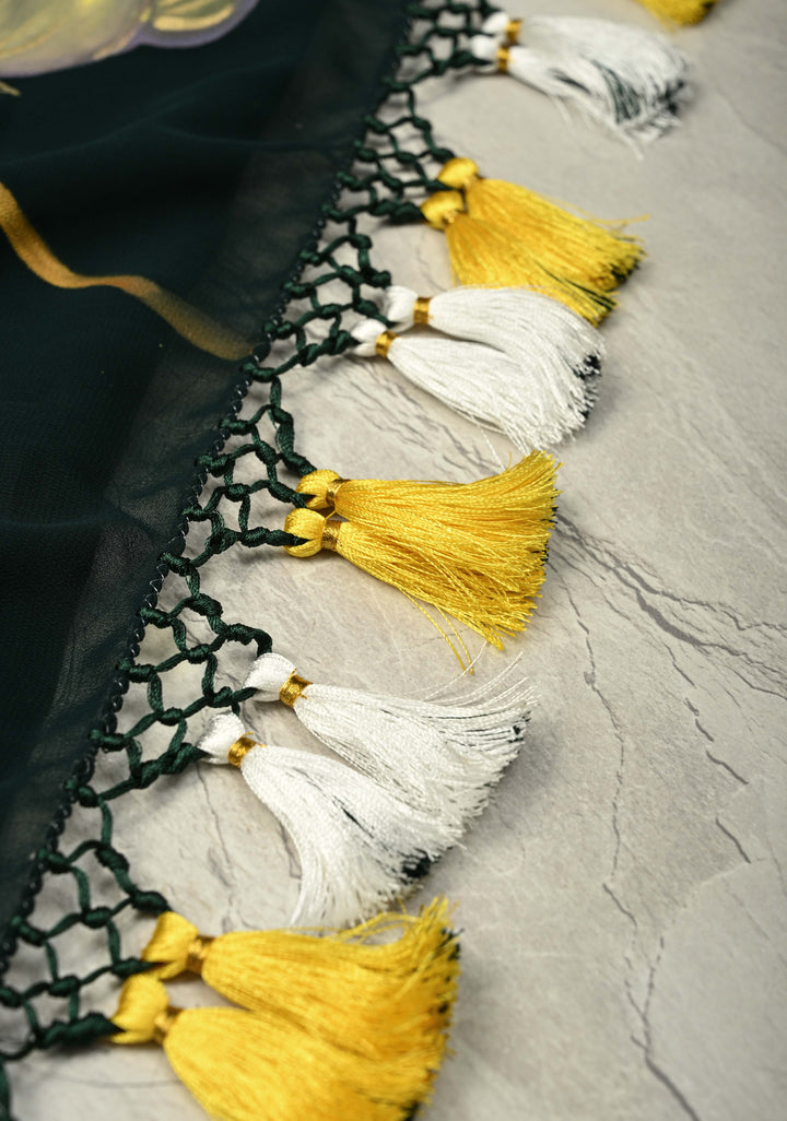 Bottle Green Georgette Saree with Floral Blooming Hand Painted on Pallu, No Blouse Piece | SHOBITAM