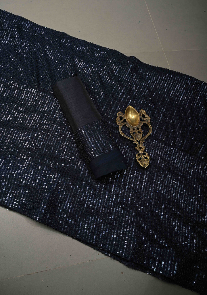 Deep Navy Blue Full Sequins Embellished on Net Saree | SHOBITAM