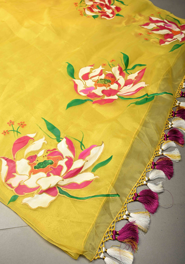 Sunflower Yellow Shimmer Organza Saree with Hand painted Floral Blooms, No Blouse Piece | SHOBITAM