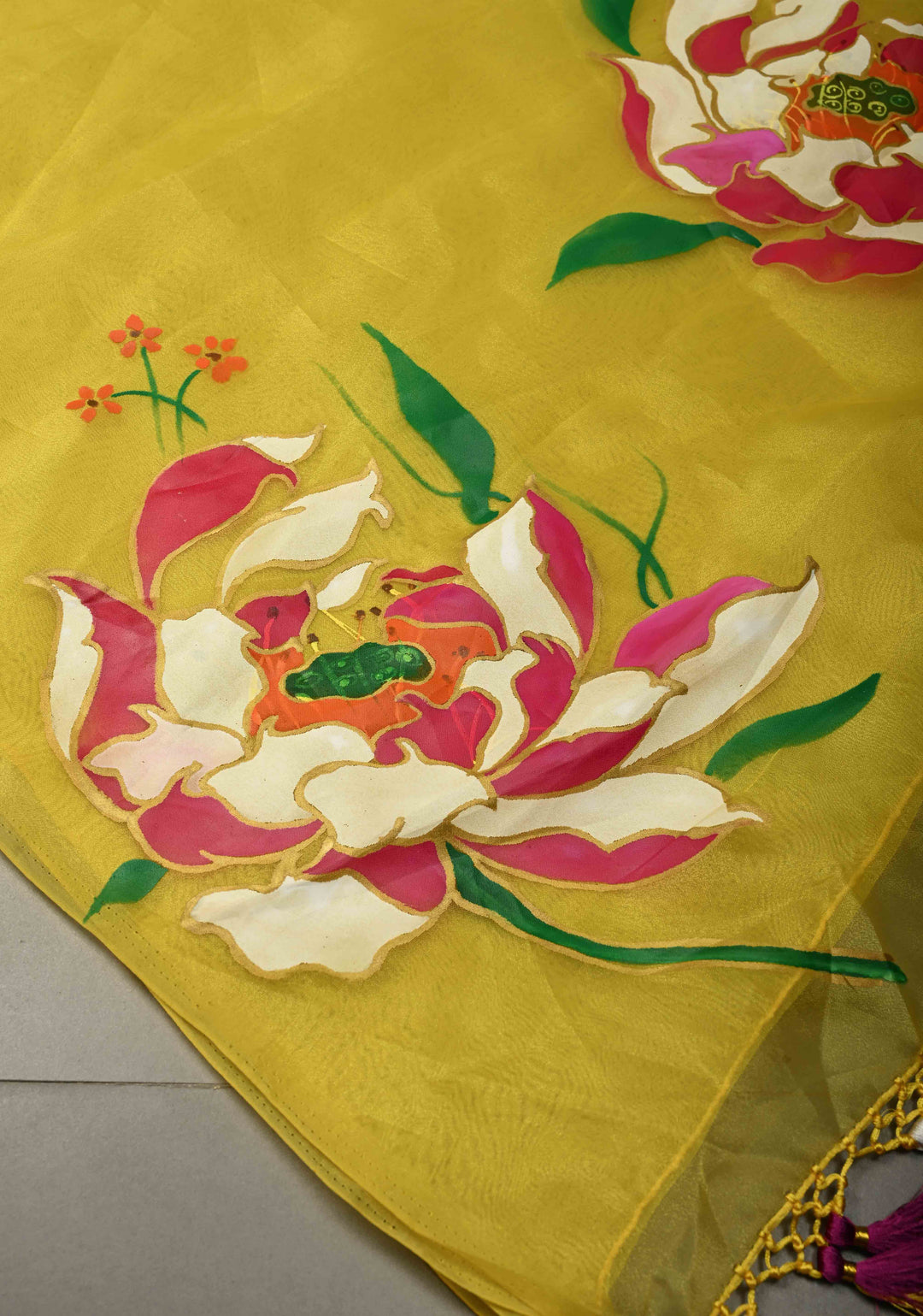 Sunflower Yellow Shimmer Organza Saree with Hand painted Floral Blooms, No Blouse Piece | SHOBITAM