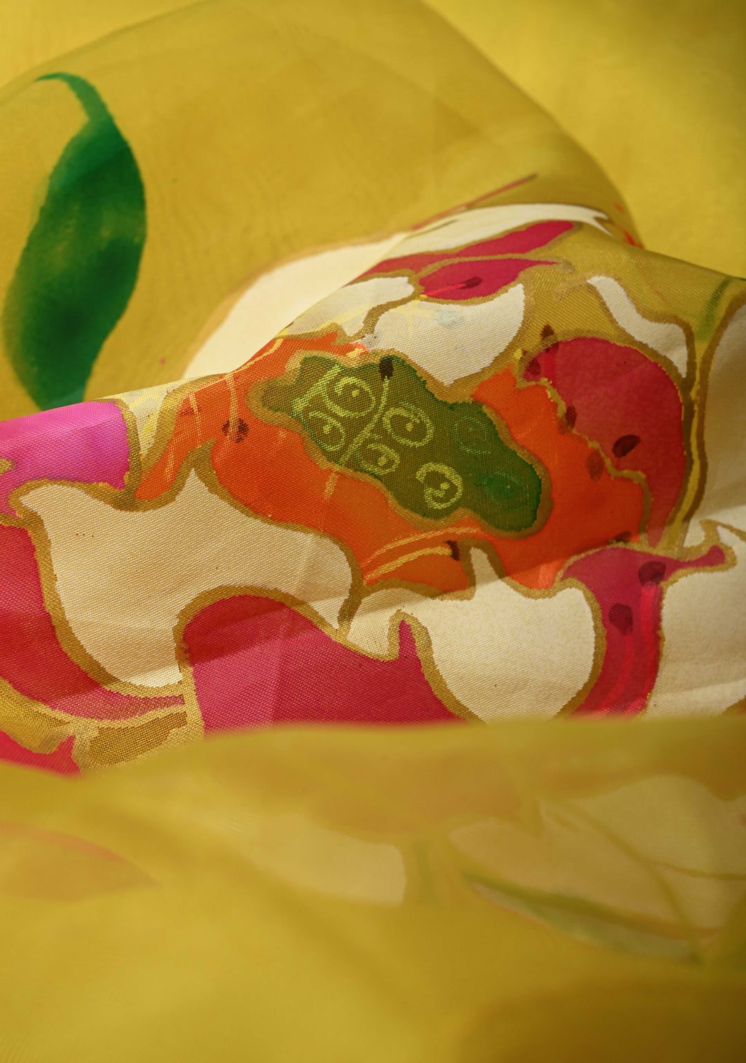 Sunflower Yellow Shimmer Organza Saree with Hand painted Floral Blooms, No Blouse Piece | SHOBITAM