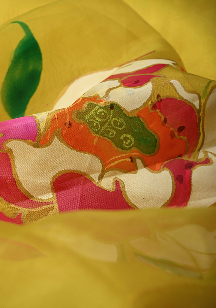 Sunflower Yellow Shimmer Organza Saree with Hand painted Floral Blooms, No Blouse Piece | SHOBITAM