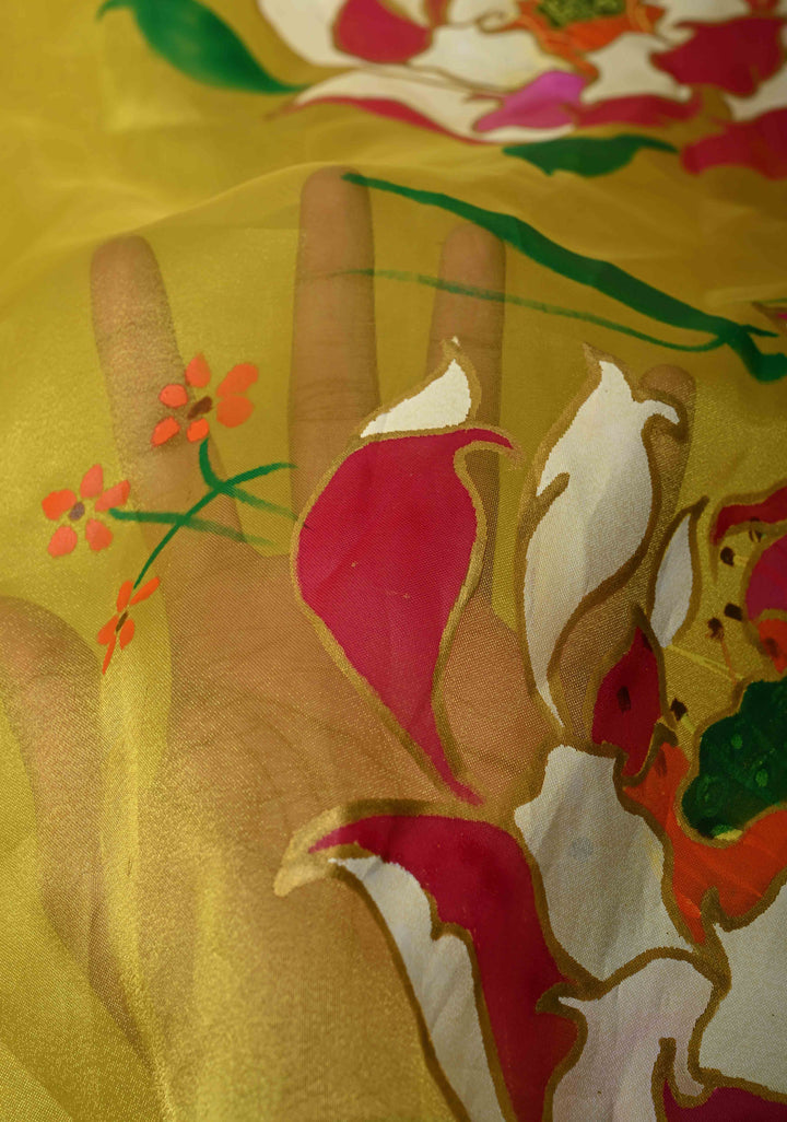 Sunflower Yellow Shimmer Organza Saree with Hand painted Floral Blooms, No Blouse Piece | SHOBITAM