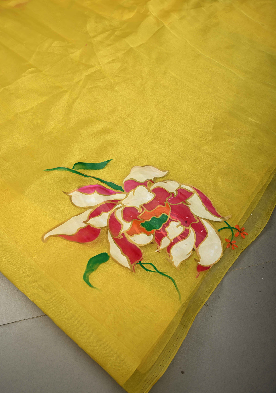 Sunflower Yellow Shimmer Organza Saree with Hand painted Floral Blooms, No Blouse Piece | SHOBITAM