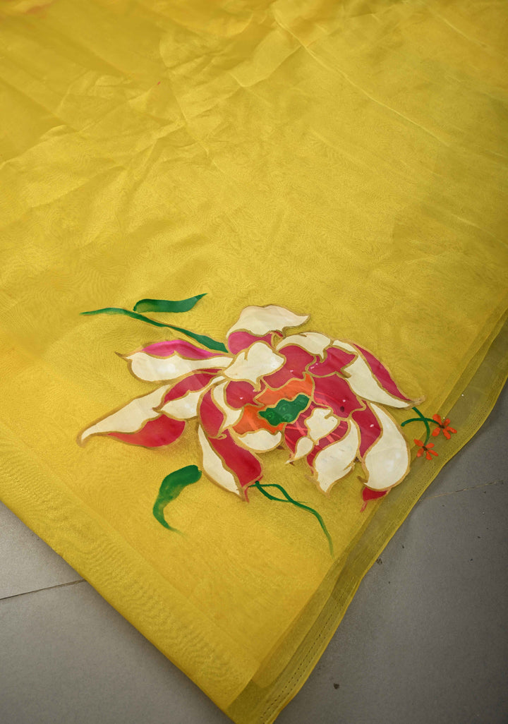 Sunflower Yellow Shimmer Organza Saree with Hand painted Floral Blooms, No Blouse Piece | SHOBITAM