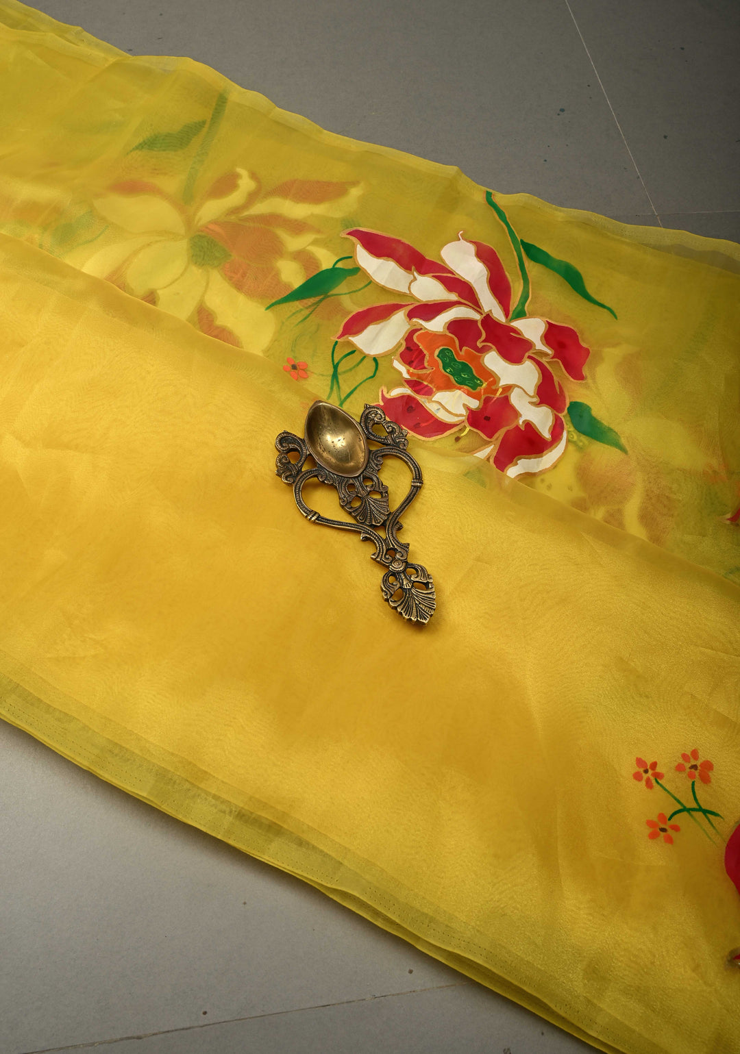 Sunflower Yellow Shimmer Organza Saree with Hand painted Floral Blooms, No Blouse Piece | SHOBITAM