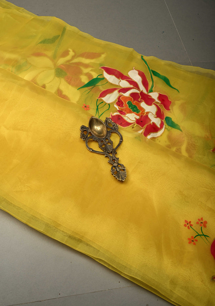 Sunflower Yellow Shimmer Organza Saree with Hand painted Floral Blooms, No Blouse Piece | SHOBITAM
