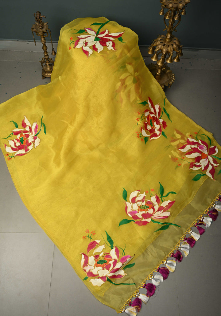 Sunflower Yellow Shimmer Organza Saree with Hand painted Floral Blooms, No Blouse Piece | SHOBITAM