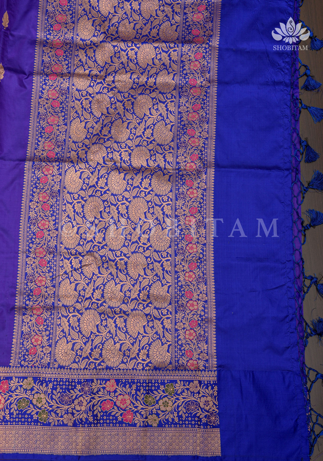Bluish Purple Banarasi Katan silk saree with Floral Zari Buttas and Meenakari Contrast Zari Border | SILK MARK CERTIFIED
