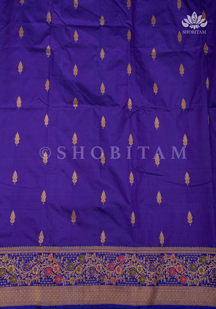 Bluish Purple Banarasi Katan silk saree with Floral Zari Buttas and Meenakari Contrast Zari Border | SILK MARK CERTIFIED