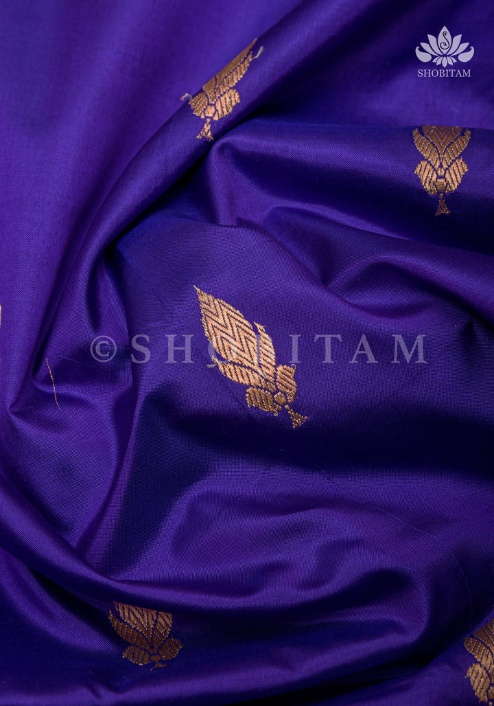 Bluish Purple Banarasi Katan silk saree with Floral Zari Buttas and Meenakari Contrast Zari Border | SILK MARK CERTIFIED