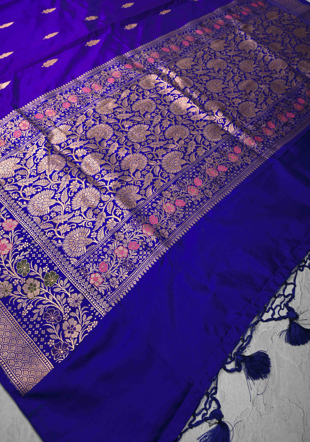 Bluish Purple Banarasi Katan silk saree with Floral Zari Buttas and Meenakari Contrast Zari Border | SILK MARK CERTIFIED