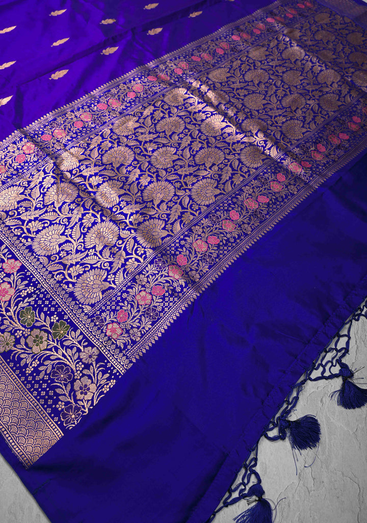 Bluish Purple Banarasi Katan silk saree with Floral Zari Buttas and Meenakari Contrast Zari Border | SILK MARK CERTIFIED