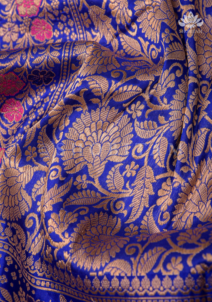 Bluish Purple Banarasi Katan silk saree with Floral Zari Buttas and Meenakari Contrast Zari Border | SILK MARK CERTIFIED