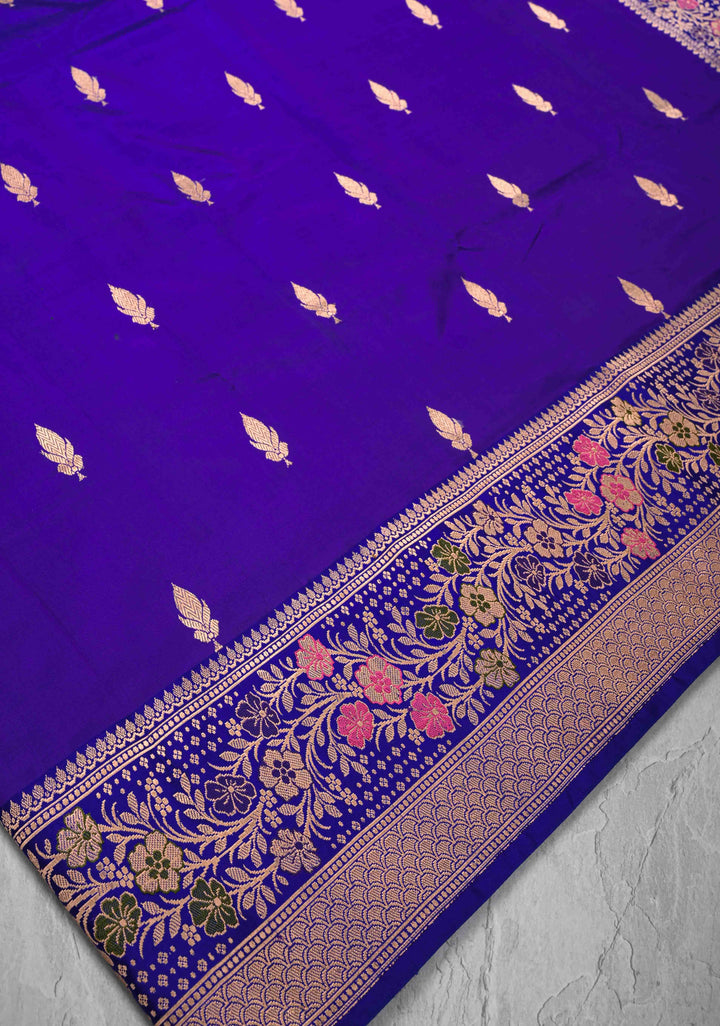Bluish Purple Banarasi Katan silk saree with Floral Zari Buttas and Meenakari Contrast Zari Border | SILK MARK CERTIFIED