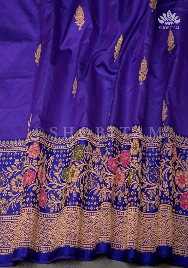 Bluish Purple Banarasi Katan silk saree with Floral Zari Buttas and Meenakari Contrast Zari Border | SILK MARK CERTIFIED