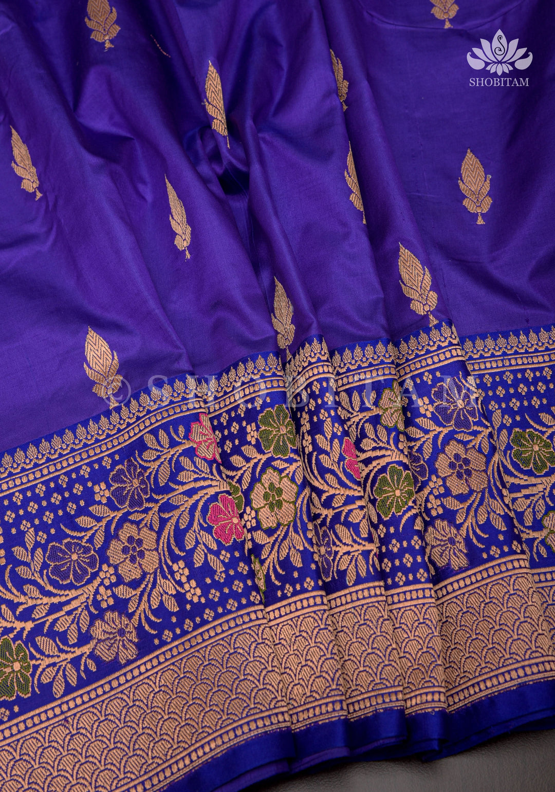 Bluish Purple Banarasi Katan silk saree with Floral Zari Buttas and Meenakari Contrast Zari Border | SILK MARK CERTIFIED