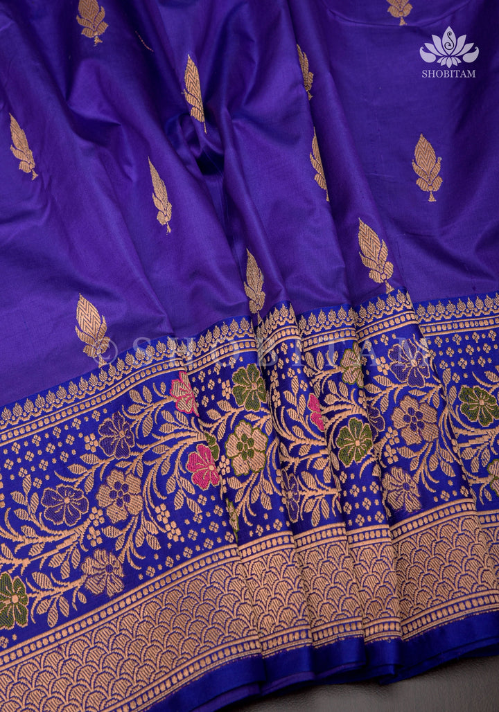 Bluish Purple Banarasi Katan silk saree with Floral Zari Buttas and Meenakari Contrast Zari Border | SILK MARK CERTIFIED