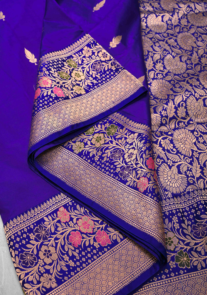 Bluish Purple Banarasi Katan silk saree with Floral Zari Buttas and Meenakari Contrast Zari Border | SILK MARK CERTIFIED
