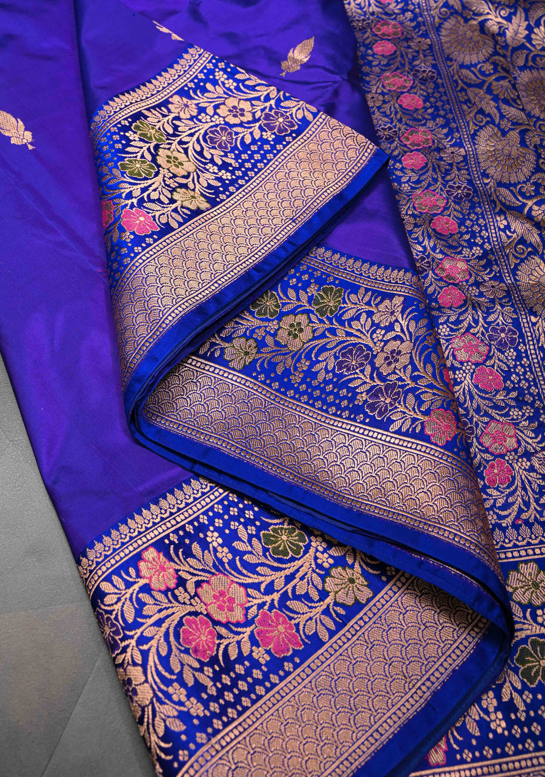 Ink Purple Banarasi Katan Silk Saree with Floral Butta And Meenakari Zari  Border | SILK MARK CERTIFIED