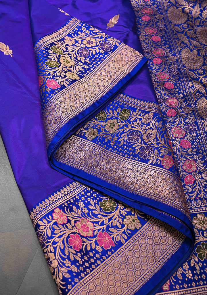 Ink Purple Banarasi Katan Silk Saree with Floral Butta And Meenakari Zari  Border | SILK MARK CERTIFIED