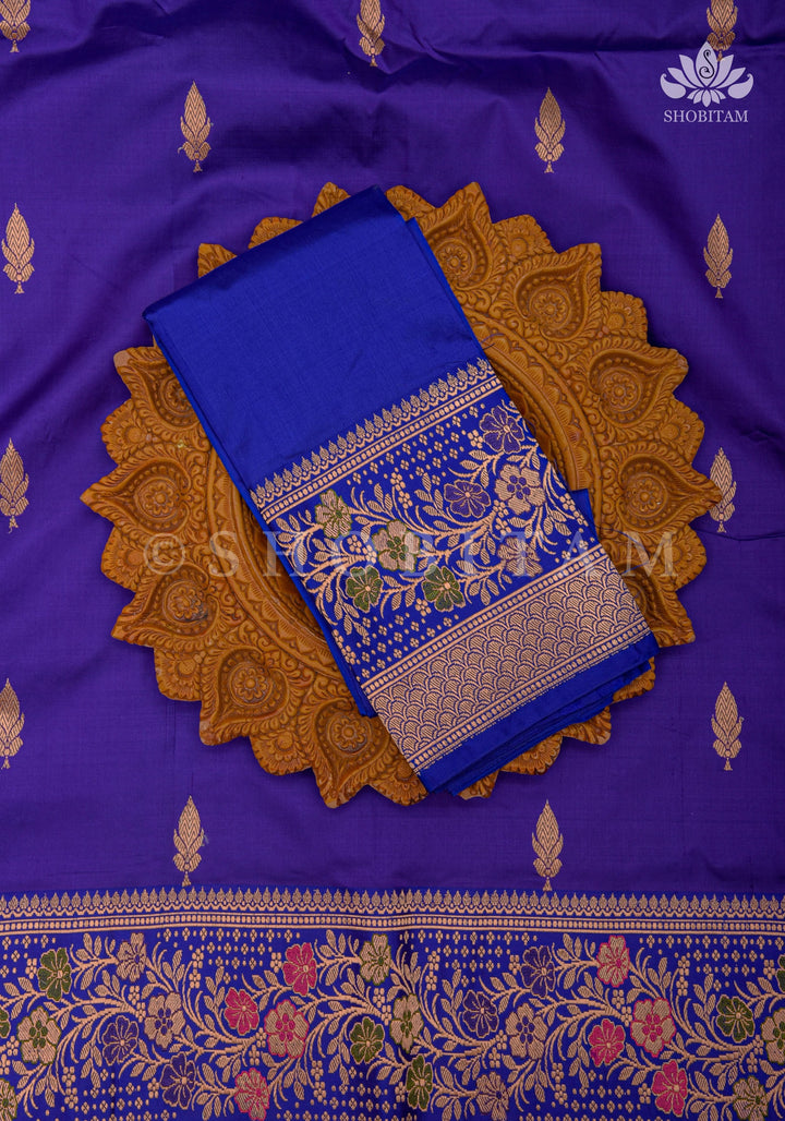 Bluish Purple Banarasi Katan silk saree with Floral Zari Buttas and Meenakari Contrast Zari Border | SILK MARK CERTIFIED