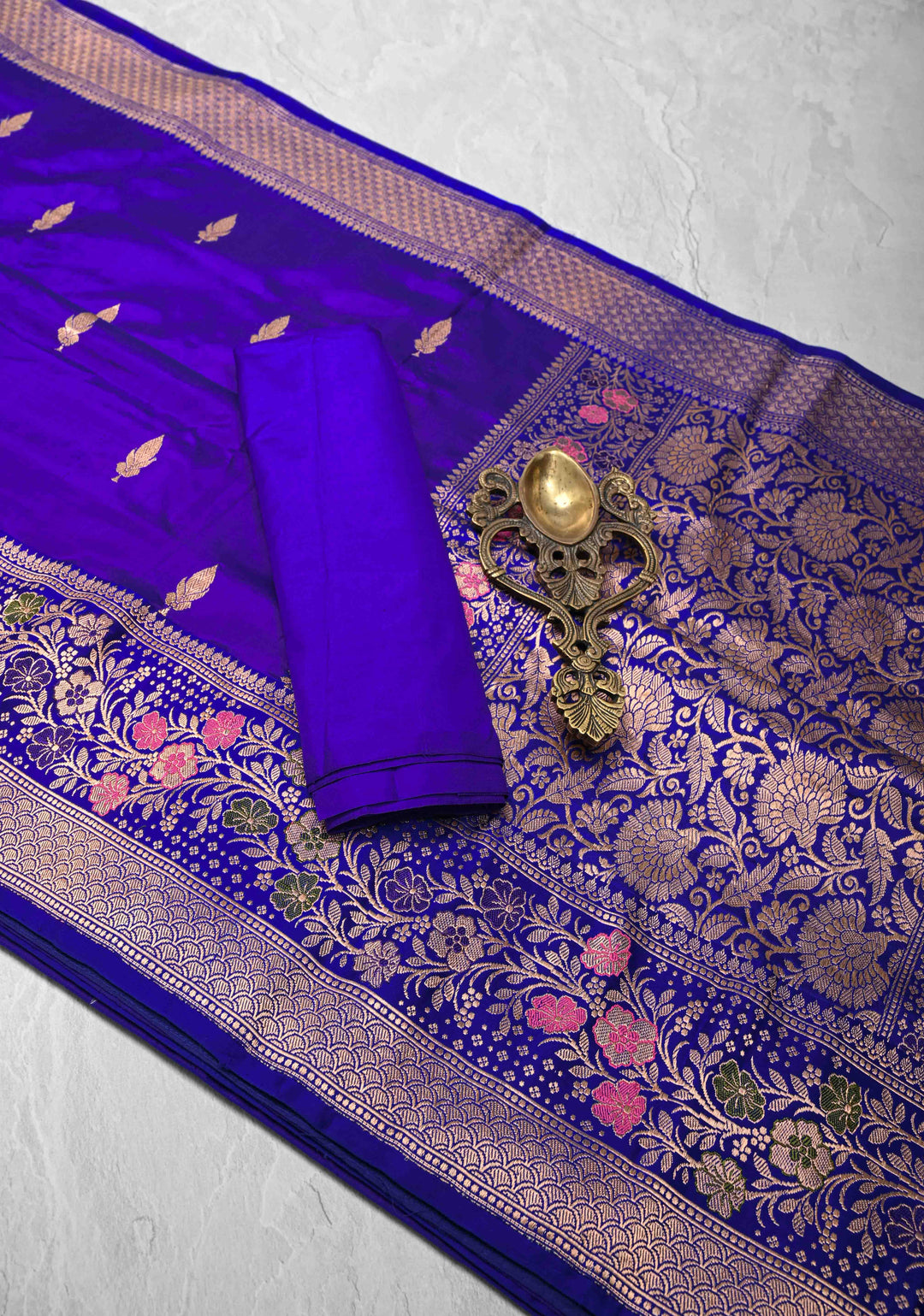 Bluish Purple Banarasi Katan silk saree with Floral Zari Buttas and Meenakari Contrast Zari Border | SILK MARK CERTIFIED