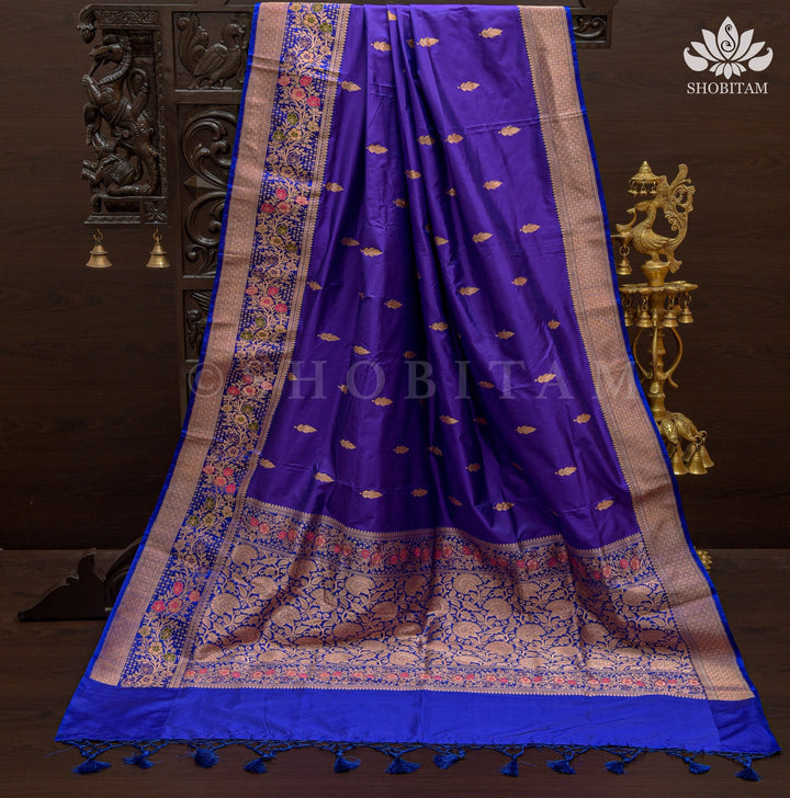 Bluish Purple Banarasi Katan silk saree with Floral Zari Buttas and Meenakari Contrast Zari Border | SILK MARK CERTIFIED