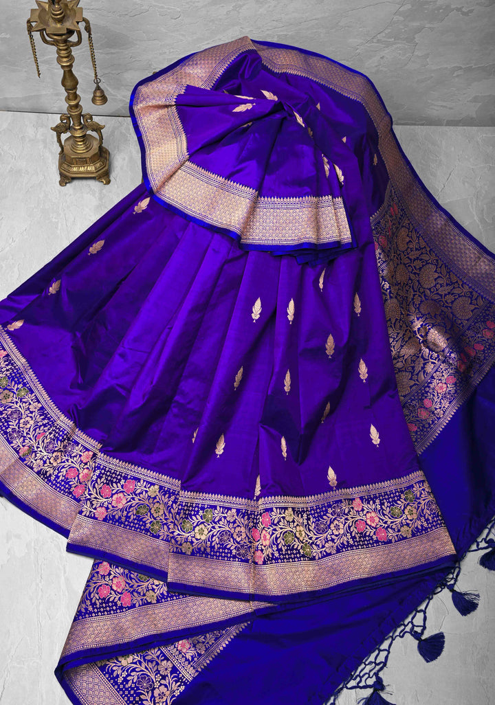 Bluish Purple Banarasi Katan silk saree with Floral Zari Buttas and Meenakari Contrast Zari Border | SILK MARK CERTIFIED
