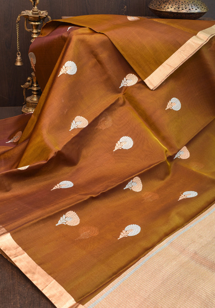 Banarasi Kora Silk Organza  Saree in Methi Brown Dual Tone with Alfi Floral Motifs | Silk Mark Certified