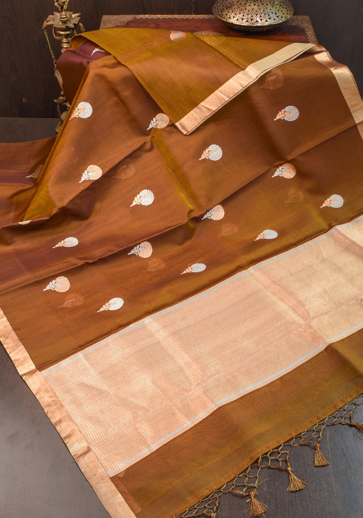 Banarasi Kora Silk Organza  Saree in Methi Brown Dual Tone with Alfi Floral Motifs | Silk Mark Certified