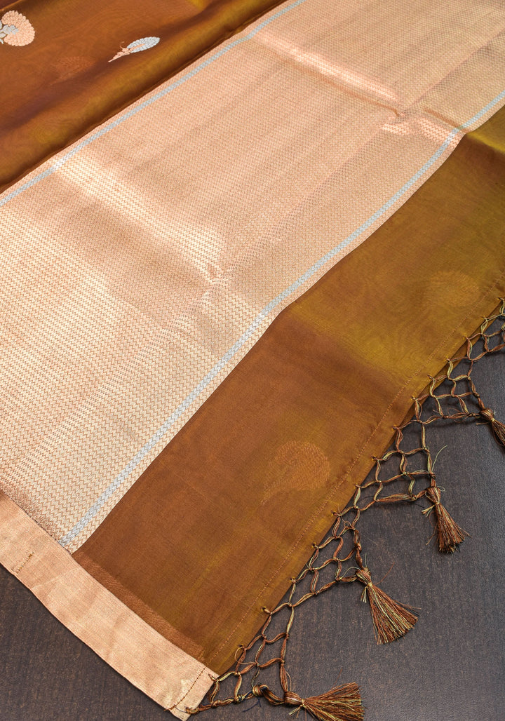 Banarasi Kora Silk Organza  Saree in Methi Brown Dual Tone with Alfi Floral Motifs | Silk Mark Certified