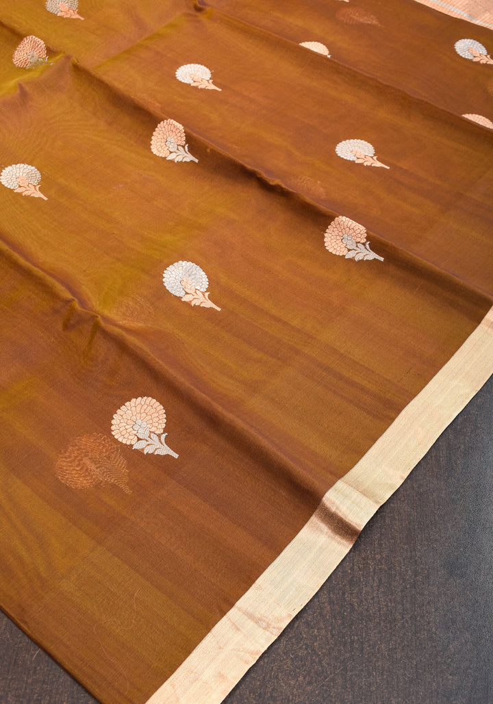 Banarasi Kora Silk Organza  Saree in Methi Brown Dual Tone with Alfi Floral Motifs | Silk Mark Certified