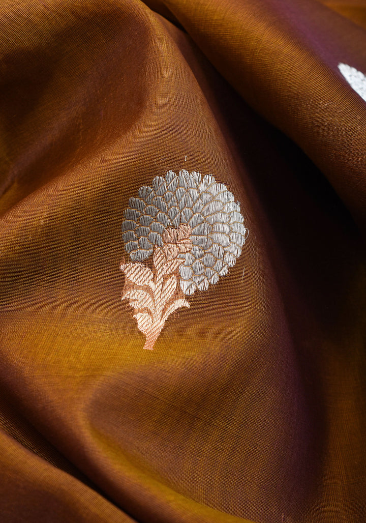 Banarasi Kora Silk Organza  Saree in Methi Brown Dual Tone with Alfi Floral Motifs | Silk Mark Certified