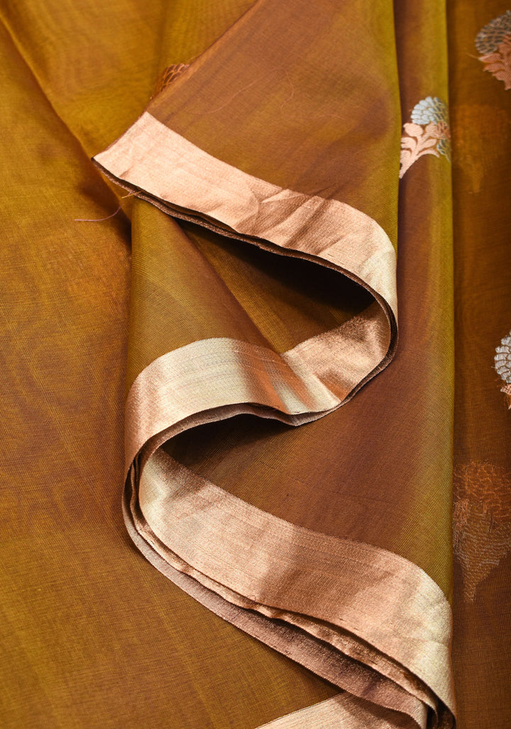 Banarasi Kora Silk Organza  Saree in Methi Brown Dual Tone with Alfi Floral Motifs | Silk Mark Certified