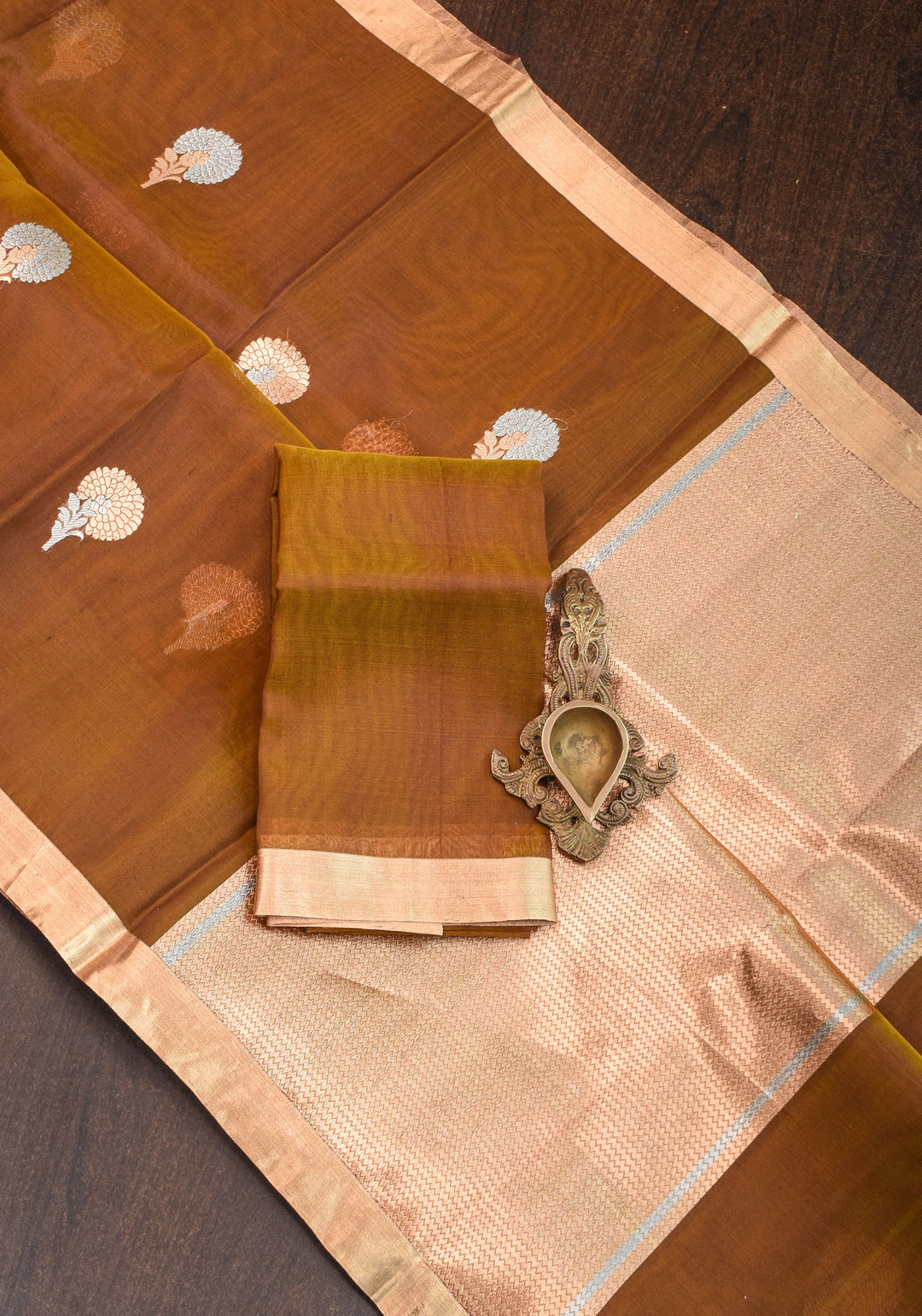 Banarasi Kora Silk Organza  Saree in Methi Brown Dual Tone with Alfi Floral Motifs | Silk Mark Certified