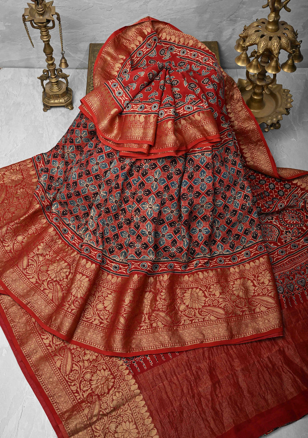 Ajrakh Hand Block Print on Modal Silk with woven Zari Borders and pallu in Red