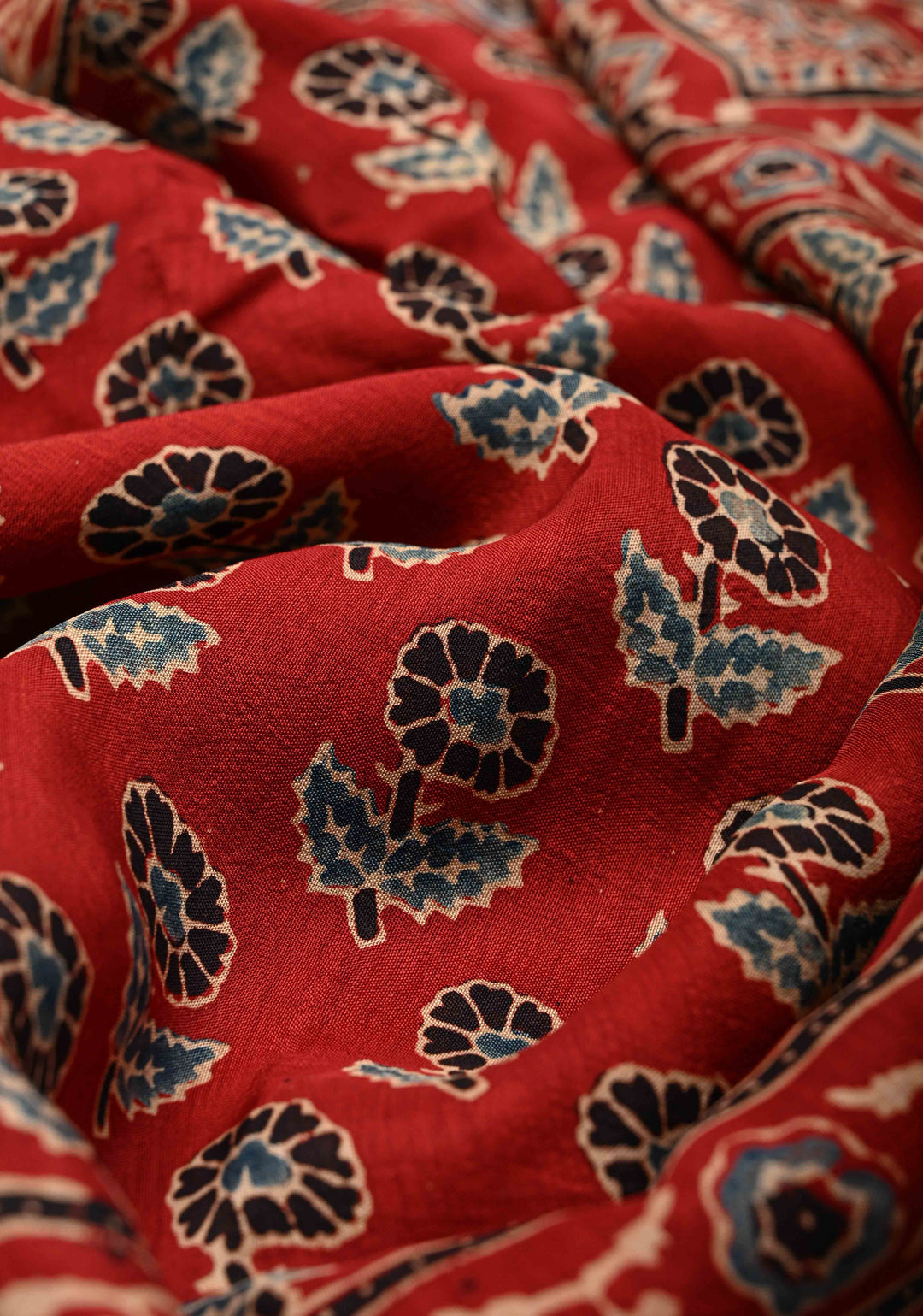 Ajrakh Hand Block Print on Modal Silk with woven Zari Borders and pallu in Red