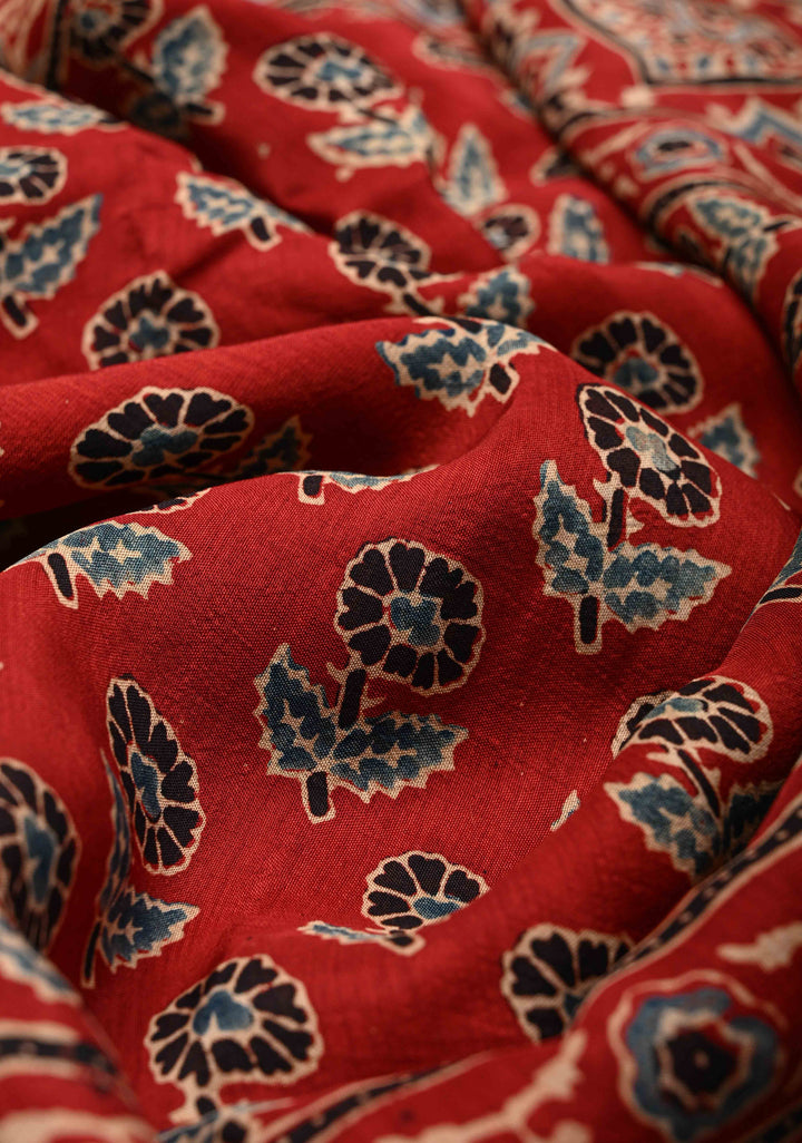 Ajrakh Hand Block Print on Modal Silk with woven Zari Borders and pallu in Red
