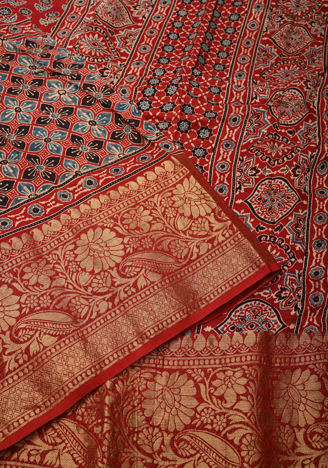 Ajrakh Hand Block Print on Modal Silk with woven Zari Borders and pallu in Red
