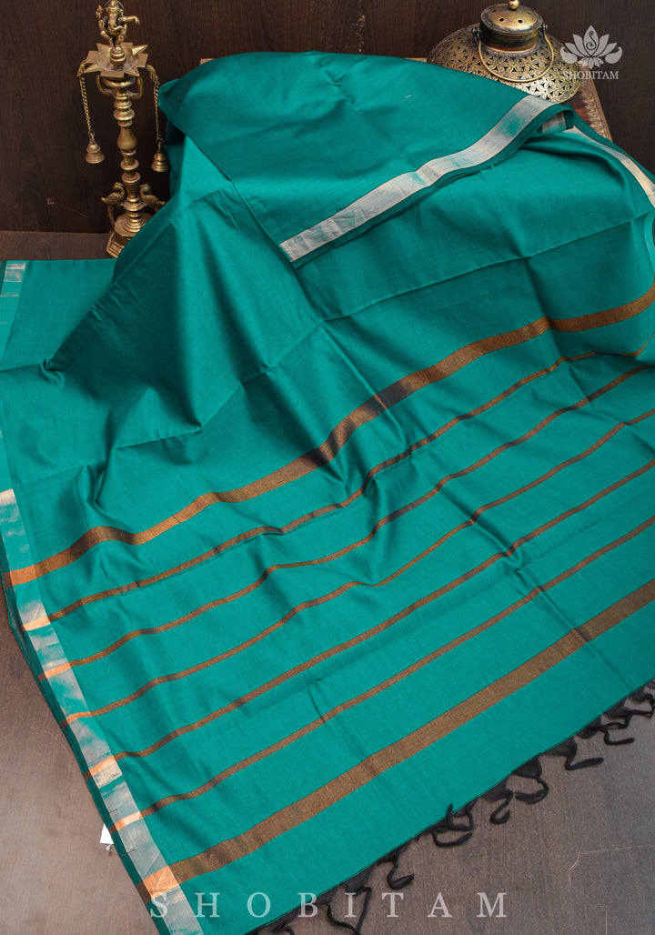 Minimalistic Border Maheshwari Cotton Silk Saree  in Rama Green No Blouse Peice