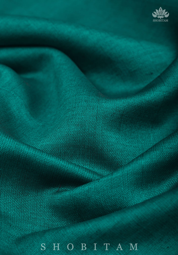 Minimalistic Border Maheshwari Cotton Silk Saree  in Rama Green No Blouse Peice