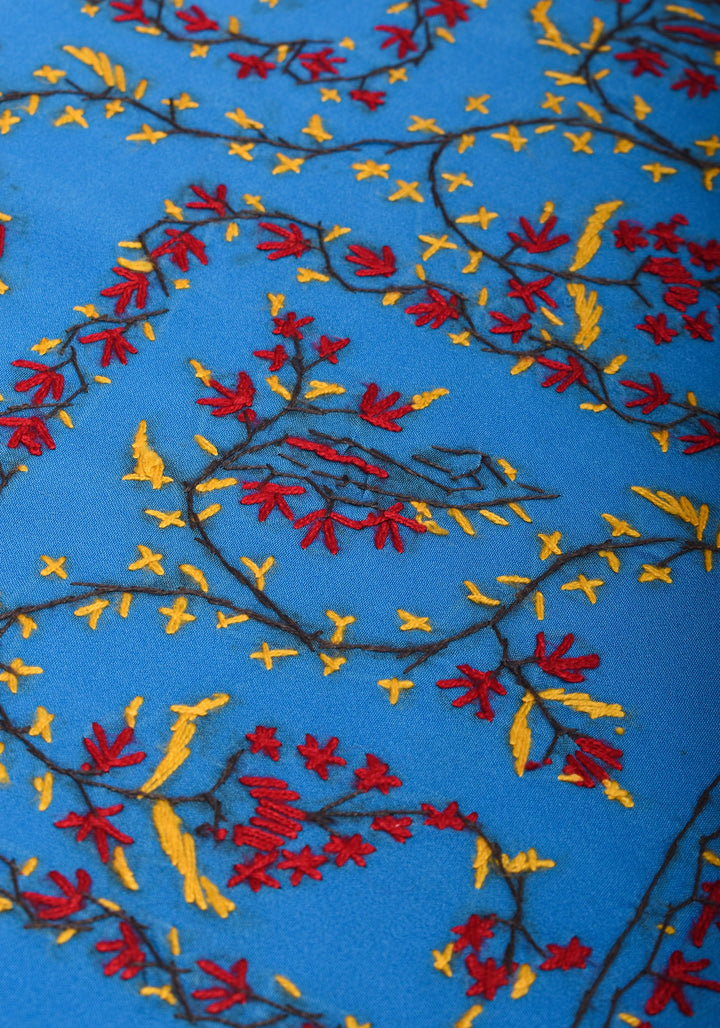 Blue Authentic Kashmiri Sozni Hand Embroidered Saree on Moss Crepe