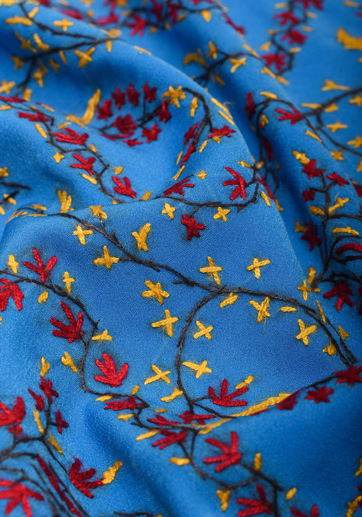 Blue Authentic Kashmiri Sozni Hand Embroidered Saree on Moss Crepe