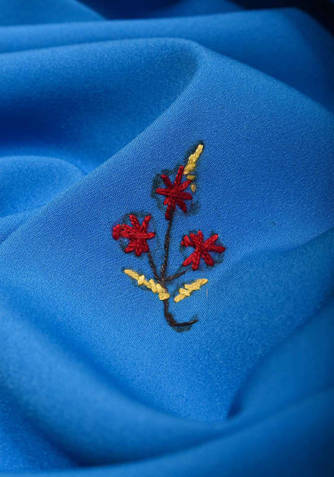 Blue Authentic Kashmiri Sozni Hand Embroidered Saree on Moss Crepe