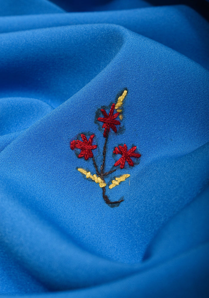 Blue Authentic Kashmiri Sozni Hand Embroidered Saree on Moss Crepe