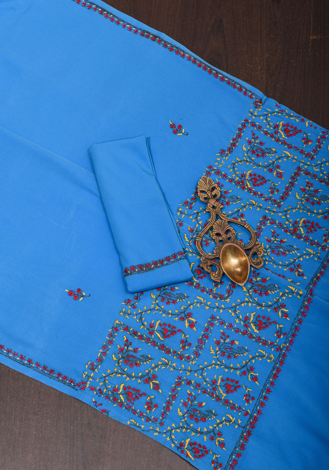Blue Authentic Kashmiri Sozni Hand Embroidered Saree on Moss Crepe