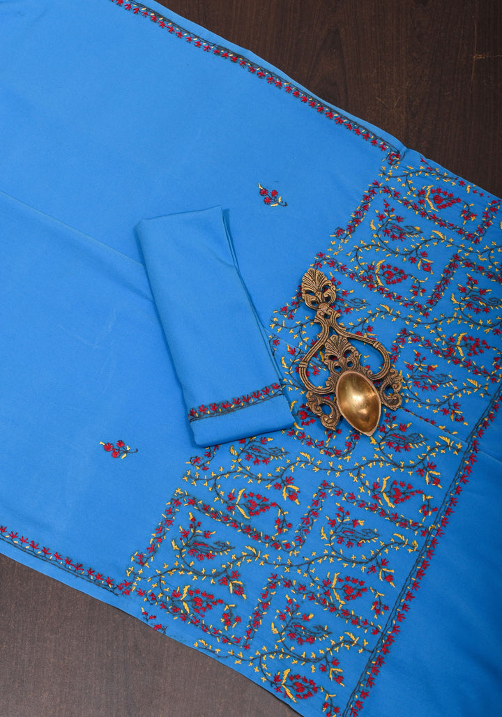 Blue Authentic Kashmiri Sozni Hand Embroidered Saree on Moss Crepe