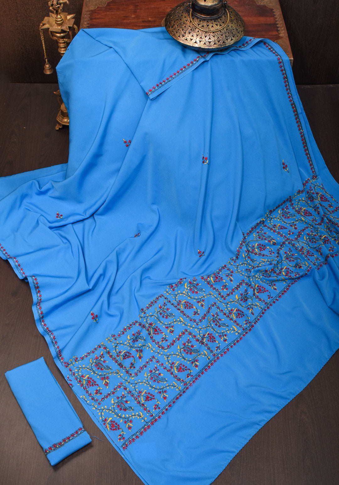Blue Authentic Kashmiri Sozni Hand Embroidered Saree on Moss Crepe